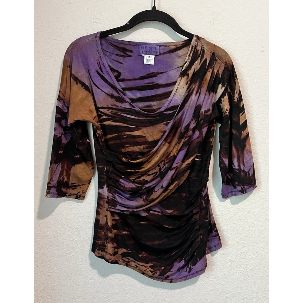 Heyne Bogut Womens Top Size 2 Hand Dyed 3/4 Sleeve V-Neck Stretchy Colorful Arts